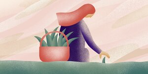 Illustration mit einer Person, die Grünzeug in einem Korb sammelt