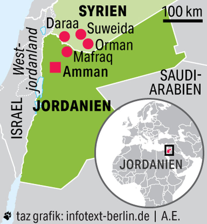 Eine Karte zeigt die jordanisch-syrische Grenze.