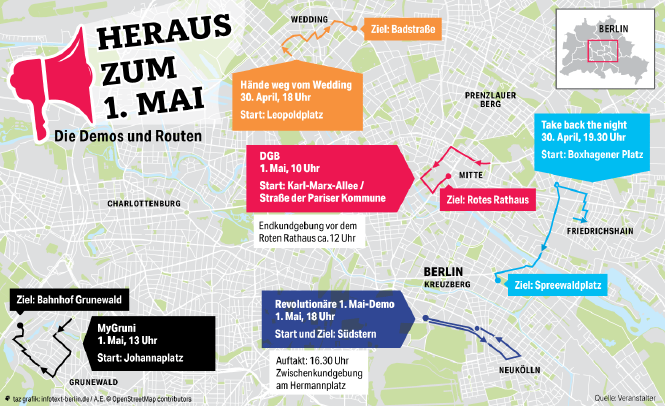 EIne Karte von Berlin mit den Themen und Routen einiger Demonstrationen am 30. April und 1. Mai