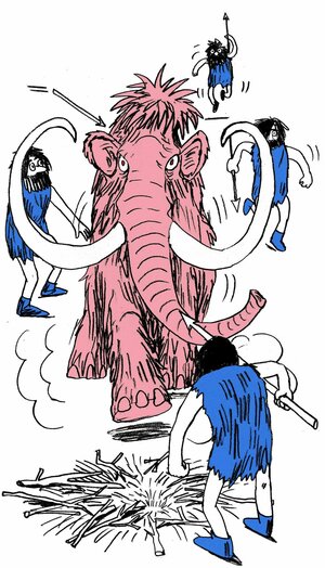 Gemeinsame Mammutjagd, vier Personen - männlich zu lesen - mit blauem Fellkleid und Speer attackieren ein großes Mammut, mit weissen Hörnern, das entgeistert in seine Zukunft blickt