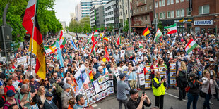 Menschen stehen mit vielen Fahnen auf einer Straße