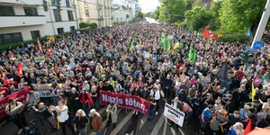 hunderte Demonstrierende am Tatort des Angriffs auf den EU-Abgeordneten im Wahlkampf vor der Europawahl 2024