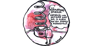 Ein bunter Cartoon: Eine Riesenspirale. Davor steht ein Mann und sagt: "Die Eskalationsspirale: Armselig und nutzlos wirkt sie, so allein auf dem Podest ausgestellt."