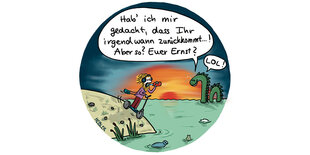 Bunter Cartoon: Eine Art Seeungeheuer taucht aus dem Wasser und spricht zu einem Mensch, der mit E-Roller am Ufer steht und sich ein Getränk hinter die Binde kippt: “Hab' ich mir gedacht, dass Ihr irgendwann zurückkommt. Aber so? Euer Ernst?" und "Lol!"