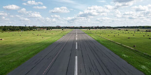 Heuballen liegen auf den Wiesen auf dem Tempelhofer Feld in Berlin