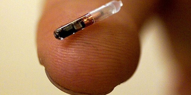 Ein Mikrochip auf einer menschlichen Daumenkuppe.