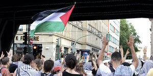 Menschen mit Palästinatüchern und einer Palästinaflagge