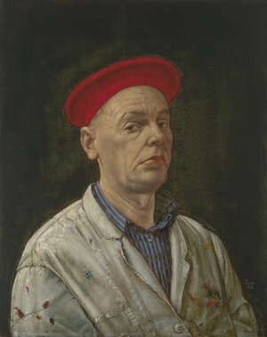 Selbstbildnis des KÜnstlers Werner Tübke mit roter Kappe, das dem Selbstporträt von Raffael in den Uffizien sehr ähnlich sieht