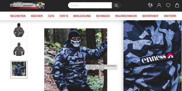Ein Screenshot eines rechten Online-Shop, der Jacken mit der Aufschrift enness verkauft