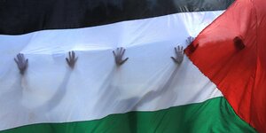 Silhoutten von Händen, die eine Paästina-Fahne halten