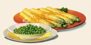 Zwei teller mit Spargel und Erbsen