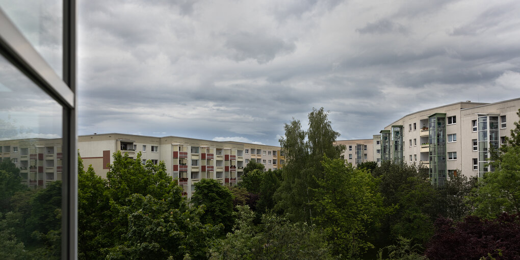 Blick aus offenem Fenster ins Grüne mit Plattenbau dahinter