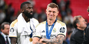 Toni Kroos und Antonio Rüdiger nach dem CL-Finale 2024 in London