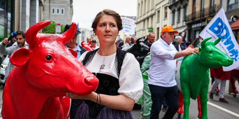 Frau auf Demonstration für niedrige Preise für Bauern.