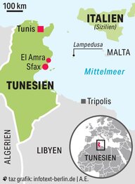 Ein Ausschnitt einer Weltkarte zeigt das Land Tunesien umgeben von seinen Nachbarländern Algerien und Lybien sowie den Mittelmeerraum mit Sizilien.