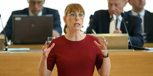 Sachsens Justizministerin Katja Meier von den Grünen hält im Landtag eine Rede und hebt dabei die Arme