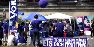 Wahlkampfstand der Partei Volt mit Luftballons die für mehr Eis werben, die Farbe der Plakate ist lila