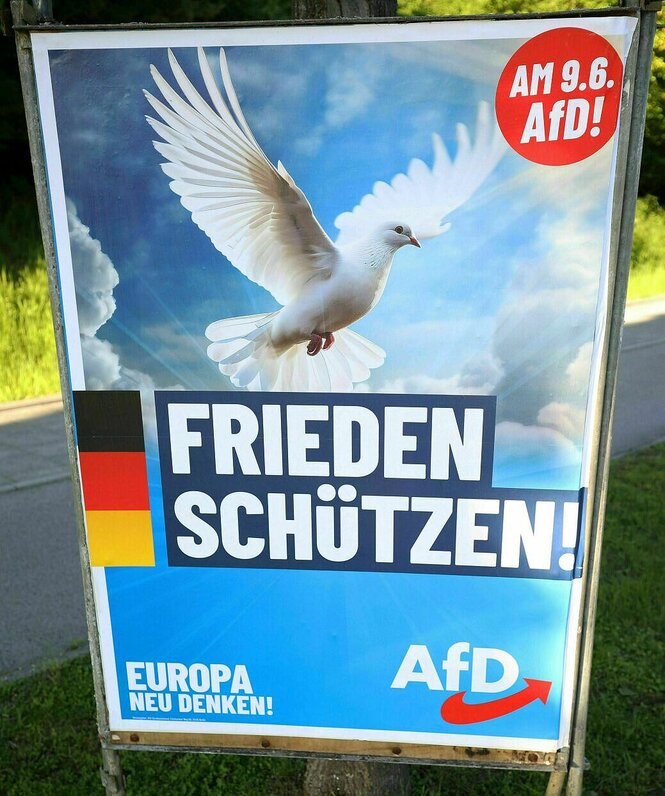 Plakat der AFD in ihren Farben blau, da fliegt eine weisse Taube und der Slogan: Frieden schützen !