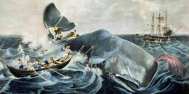 Angriff auf einen Wal mit Fischerbooten, im Hintergrund wartet das Segelschiff