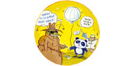 Farbiger Cartoon: Ein Käfer in einem langen Mantel spricht zu einem Pandabär, der die Schnur eines einen Luftballons hält