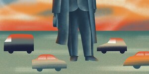 Illustration eines Mannes, von dem nur die untere Hälfte zu sehen ist, mit Autos zu seinen Füßen