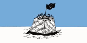 Illustration einer Festung mit einer EU-Fahne