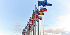 Flaggen aller EU-Mitgliedsstaaten und die EU-Fahne nebeneeinander aufgereiht