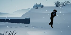 Szene aus dem Videospiel Playing Kafka zeigt eine verschneite Landschaft und das Schloss