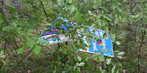 Ein kaputtes AfD Wahlplakat in einem Gebüsch