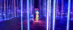 Zwei animierte Figuren stehen in einem Wald aus blauen Lichtstäben
