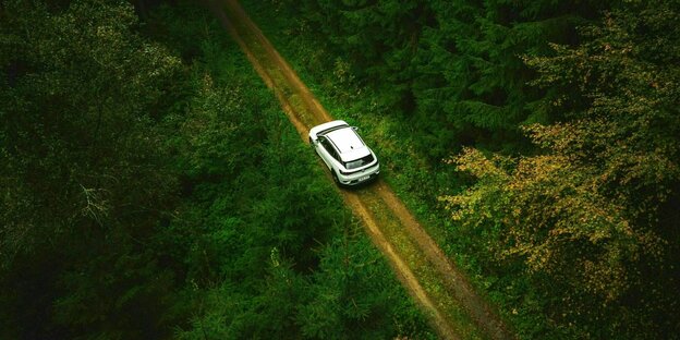 Ein weißes Auto mit Elektroantrieb fährt auf einem Waldweg - Blick von oben