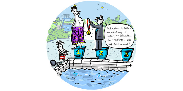 Farbiger Cartoon: In einem Freibad stehen zwei Männer auf den Startblöcken am Rand des Schwimmbeckens. Der eine Mann im Anzug verleiht dem anderen, der nur eine Badehose trägt, eine Medaille, mit den Worten: "Inklusive Urteilsverkündung in unter 10 Sekund