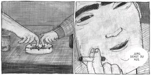 Illustration von einem rauchenden Mann und wie er die Zigarette im Aschenbecher ausdrückt, Auszug aus dem besprochenen Comic