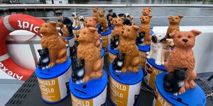 Viele Hunde aus Plastik, die auf Spendendosen sitzen - mit denen wird für das Tierheim Berlin gesammelt