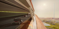 Fimstill aus dem Animationsfilm "Mars Express": Futuristische Autos fahren im Inneren eines roten Berges eine Autobahn hinauf.