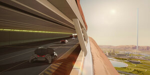 Fimstill aus dem Animationsfilm "Mars Express": Futuristische Autos fahren im Inneren eines roten Berges eine Autobahn hinauf.