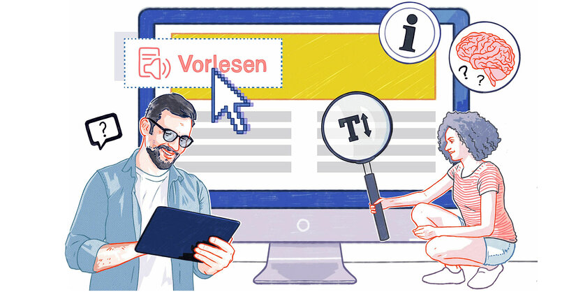 Illustration einer Webiste - vorlesen, Buchstaben vergrößern werden groß angezeigt