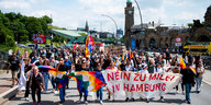 Demonstrationszug auf einer Straße, vorn ist ein Transparent zu sehen, auf dem steht "Nein zu Milei in Hamburg"