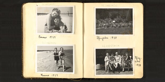 Vier schwarzweiße Fotos aus einem Familienalbum der Jüdin Edith Schlomann. Auf der linken Seite: am Strand von Swinemünde im Jahr 1938