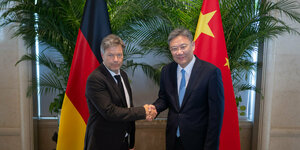 Wirtschaftsminister Robert Habeck und der chinsische Handelsminister Wang beim Handschlag.