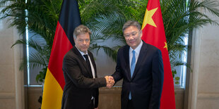 Wirtschaftsminister Robert Habeck und der chinsische Handelsminister Wang beim Handschlag.