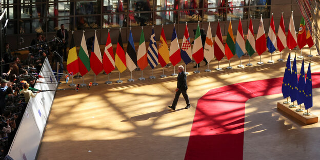 Ein Mann schreitet vor Flaggen im EU Parlament