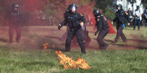 Ein Brandsatz lodert auf einer Wiese bei den Protesten zum "Tag X" in Leipzig