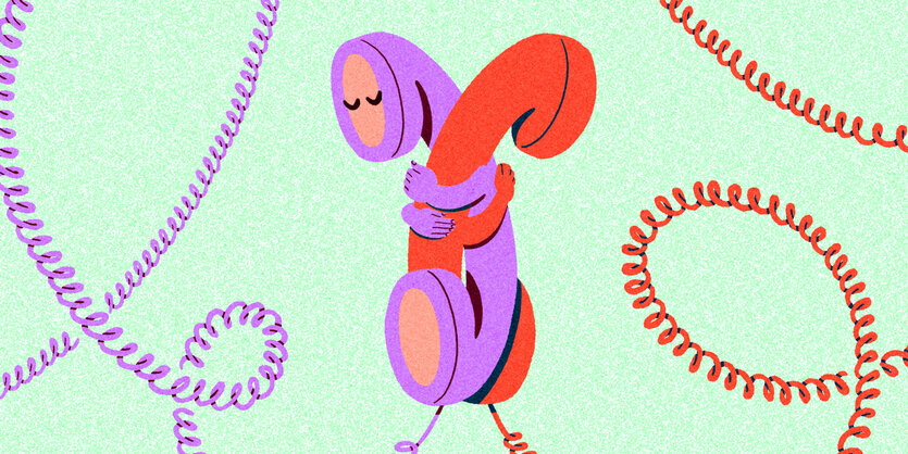 Illustration: zwei verschlungene Telefonhörer