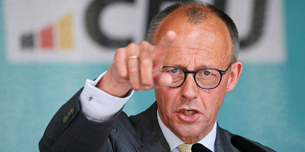 Friedrich Merz, CDU-Vorsitzender, spricht bei einer Kundgebung der CDU in Sachsen im Mai 2024.