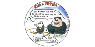 Farbiger Cartoon: Kim und Putin stehen auf Skiern auf der Piste. Kim sagt: „Ein Kimskigebiet, ganz nach meinem Geschmack." Und: „Lecker Nordkoreander“