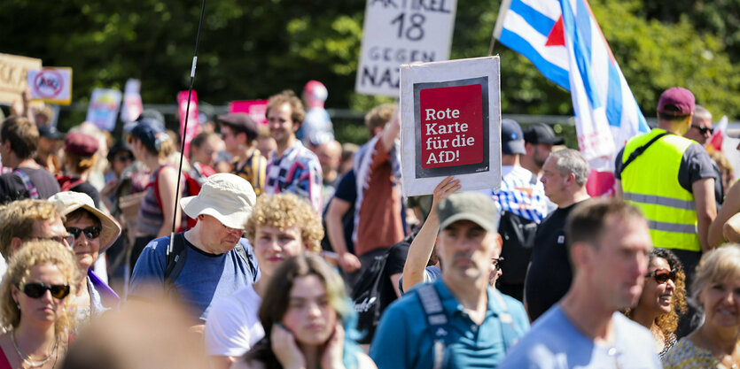 Demonstration und ein Schild mit der Aufschrift "Rote Karte für die AfD"