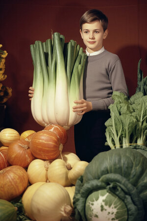 A boy stands proudly in front of large vegetables