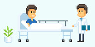 Illustration in Pixeloptik: Ein Arzt steht im weißen Kittel vor einem Patienten, der im Bett liegt