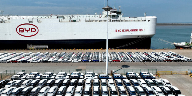 A large number of electric cars are ready for export and waiting to be loaded onto a commercial cargo ship at Lianyungang Port in Jiangsu Province